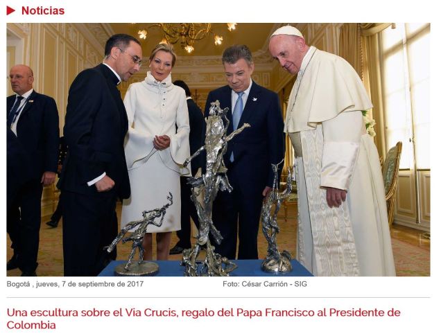escultura blasfema regalo de Bergoglio a Santos Colombia